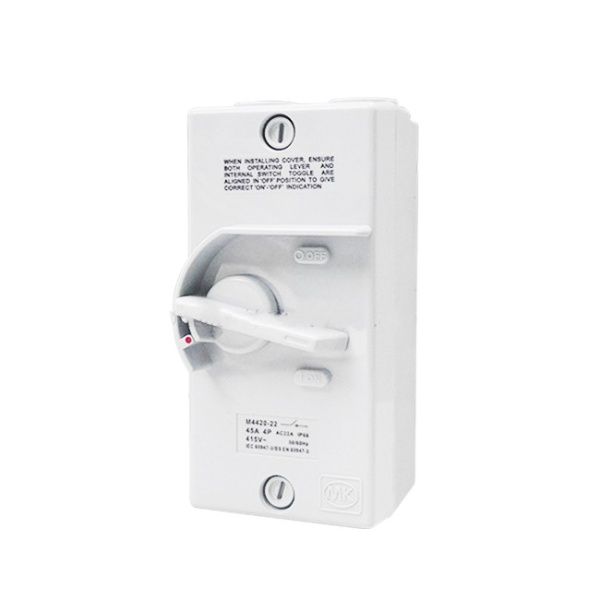 MK 63A 4 Pole Weatherproof Isolator M4422-22, Robust 63A 4 Pole Outdoor Rated Isolator, Designed for High Load Industrial and Commercial Power Control with Full Weather Protection